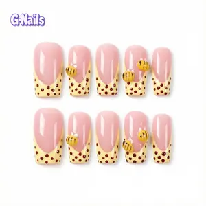 G-Nails A85 10pcs Handmade Press On Nails Reusable Medium Square Nails with 3D Bee Design Premium Craftsmanship Yellow Nails for Spring Nails