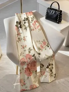 Women's Floral Print Wide Leg Pants, Bottoms, High Waist Slimming Design, Elegant Vintage Style, Perfect for Commuting & Vacation Wear