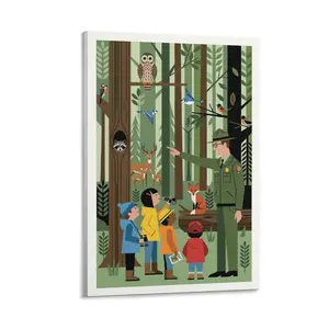 2D Flat Frameless Canvas Art, Colorful Forest Ranger & Animals Illustration, Cartoon Wall Decor for Home, Kids Room, Living Room, Bedroom, Office, Printed Artwork