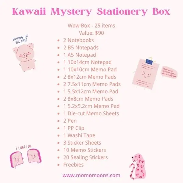 Kawaii Mystery Stationery Gift Box | Notebook Notepad Memo Pad Stickers Pen Washi Tape