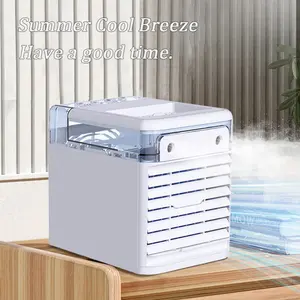 portable fan，A USB-powered compact home air cooler, a portable misting fan, a desktop air cooler with 7-color LED lights, and a portable desk fan for dorm rooms