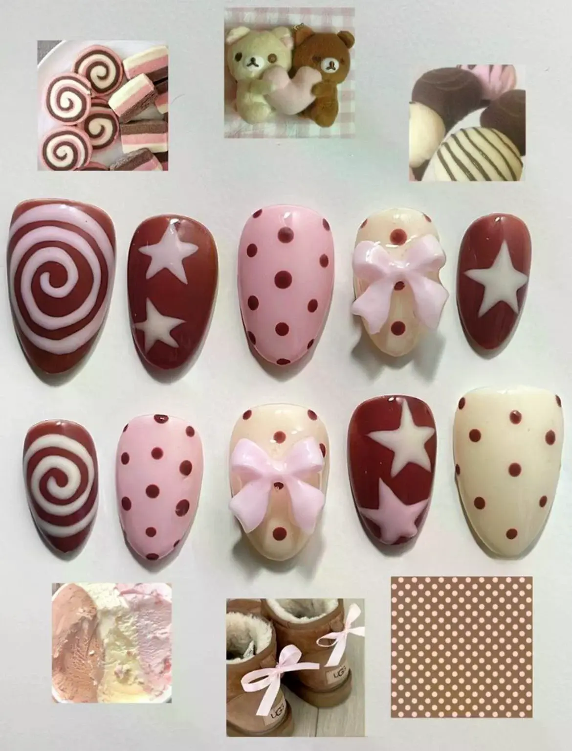 Neapolitan Kawaii Press On Nails | Handmade 3D Bow, Swirl & Polka Dot Gel Nails | Reusable | Free Adhesive Tabs, Nail File & Cuticle Stick