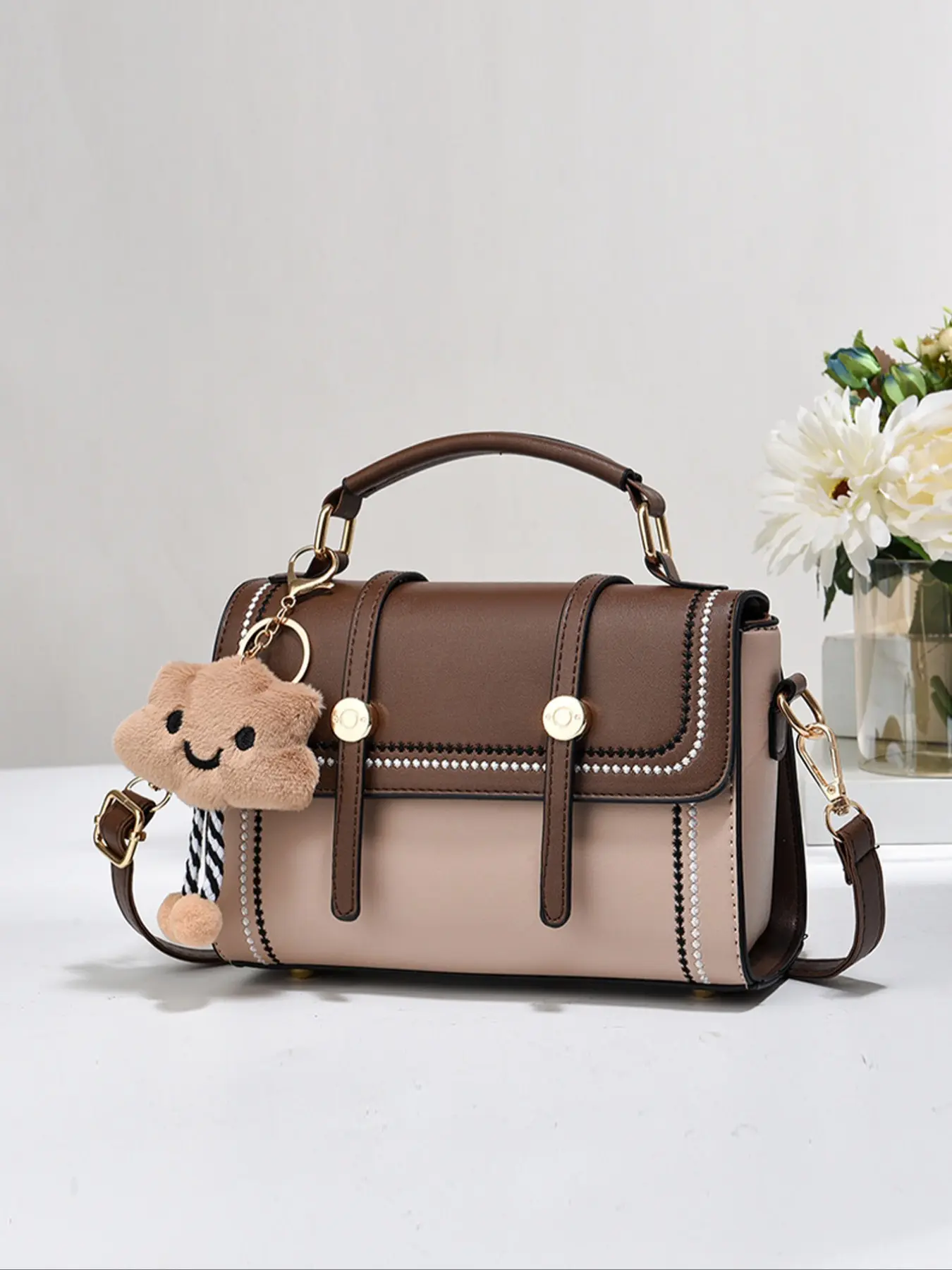 Colorblock Handbag with Cute Bear Charm Decor, Trendy Versatile Pu Leather Zipper Crossbody Bag, Casual Matching Bag for Women, Embellished Adjustable Shoulder Bag, Casual Bags