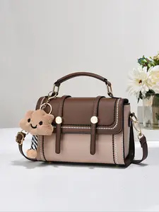 Fashionable Colorblock Handbag with Cute Bear Charm Decor, Trendy Versatile Pu Leather Zipper Crossbody Bag, Casual Matching Bag for Women, Embellished Adjustable Shoulder Bag