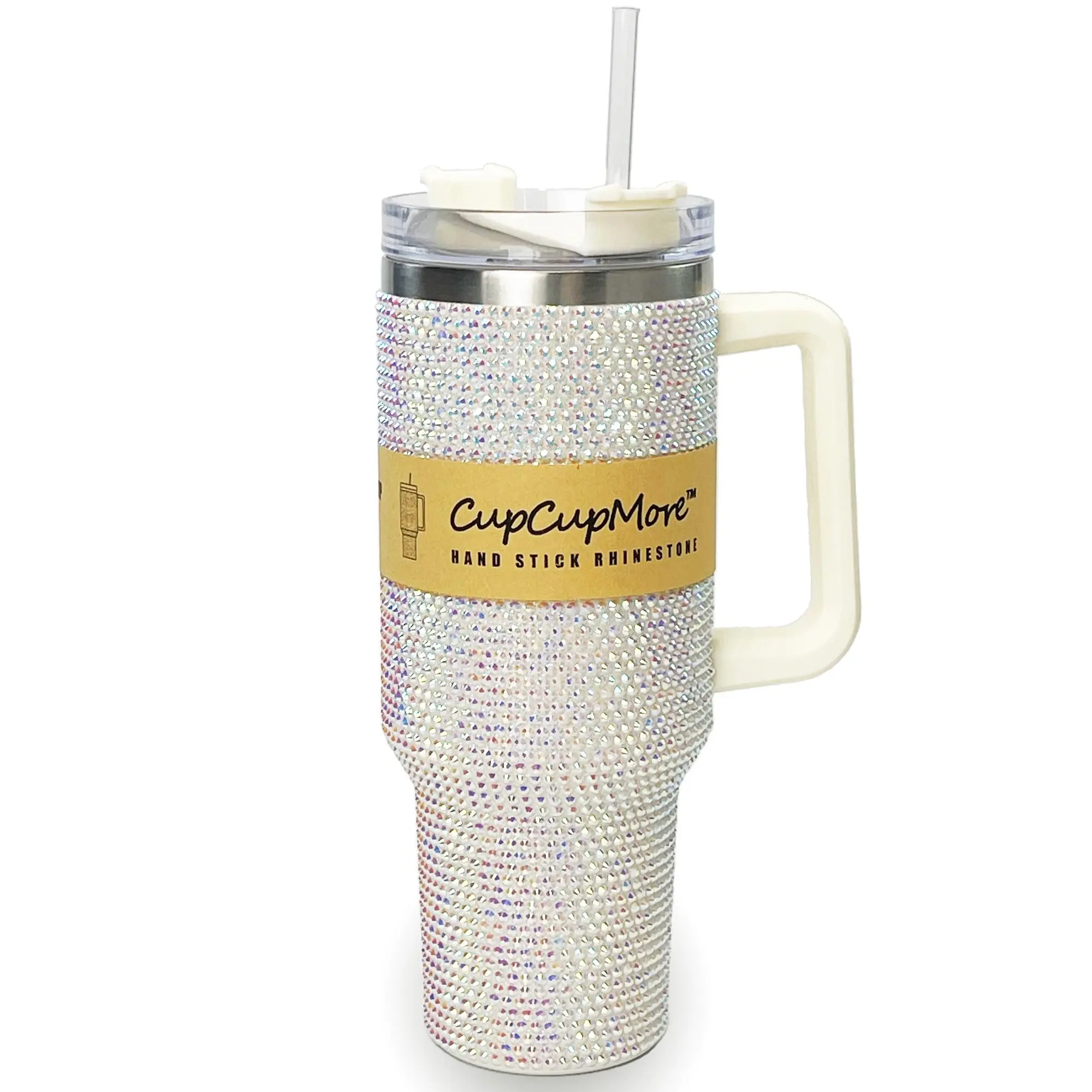 Cupcupmore 40 oz (1,000-2,000 ml) Large Glam White Bling Rhinestone Stainless Steel Sippy Tumbler - Portable Vacuum Insulated Water Bottle with Straw, Lid, Handle, Sparkle Car Holder, Keeps Drinks Cold 12H for Coffee