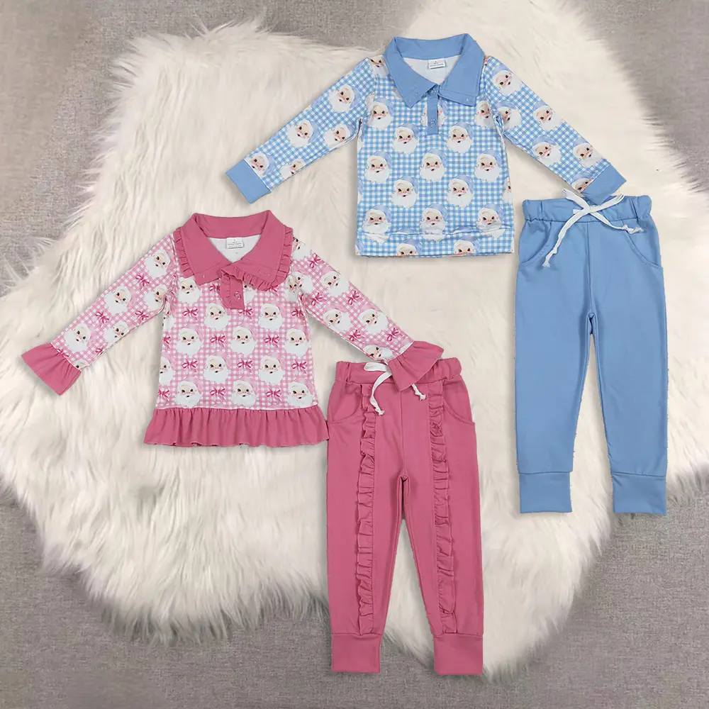 New Cute Sibling Matching Sets Plaid Santa Bow Pullover Ruffle Pants Girls Christmas Set in Pink Blue with Santa Print kid baby outfit