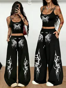 Black Cropped Cami & Wide Leg Sweatpants Set Darkness Butterfly Gothic Edgy Set - 2026 Trending Streetwear, Soft Cotton Fabric for Festivals & Daily Outings, Bold Metal Print, Versatile Relaxed Fit, Drawstring