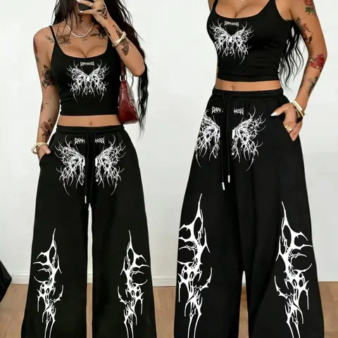 Black Cropped Sleeveless Cami & Wide Leg High Waist Sweatpants Set Darkness Butterfly Gothic Edgy Set - 2026 Trending Streetwear, Soft Cotton Fabric for Festivals & Daily Outings, Bold Metal Print, Versatile Relaxed Fit, Drawstring