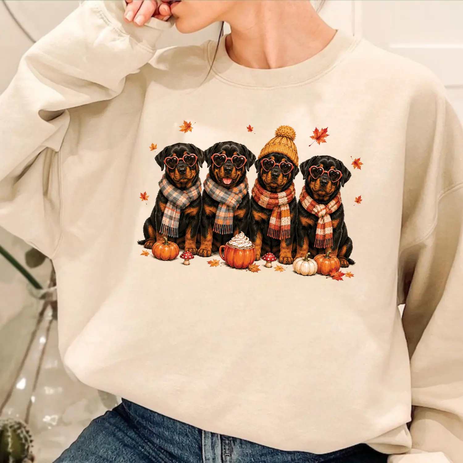 Rottweiler Fall Sweatshirt, Cute Rottie Dog Mom Graphic Crewneck, Pumpkin Autumn Pullover, Cozy Thanksgiving Dog Lover Gift for Women