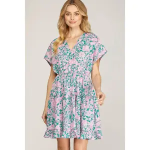 She + Sky Full Size Ruffled Hem Printed Surplice Kimono Sleeve Mini Dress Plus Size