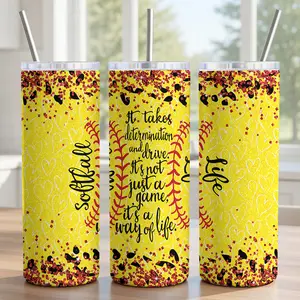 Softball Life Quote Tumbler 20oz - 18/8 Food-Grade Stainless Steel Insulated Cup with Lid, Metal Straw & Brush - Inspirational Softball Player Gift, Coach Appreciation, Heart & Glitter Design - Gameday Way of Life - Ships in 2 Days