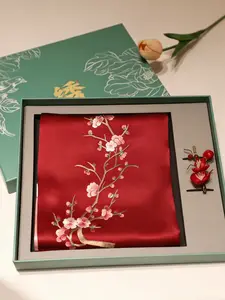 Pure Hand-Embroidered Suzhou Silk Scarf & Velvet Flower Brooch Gift Set, Chinese Handcraft, Elegant Floral Design for All Seasons, Unique Accessory for Women