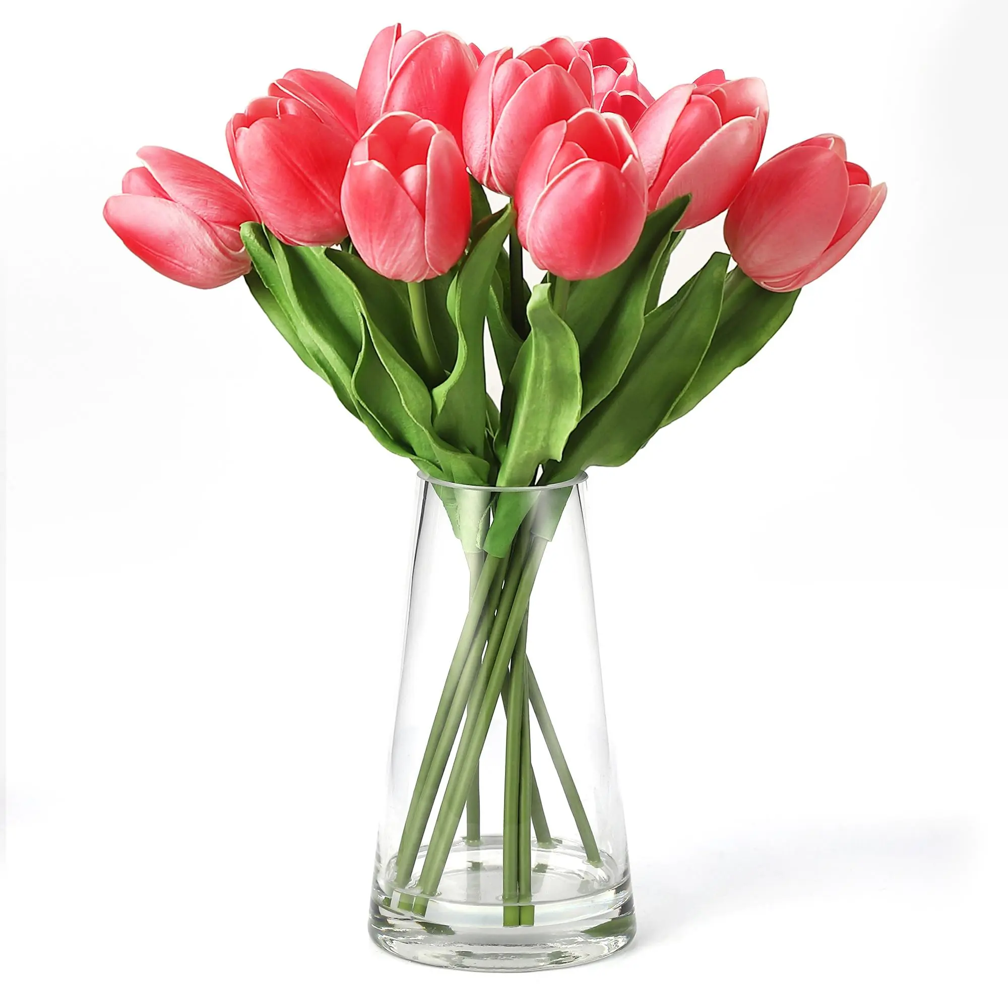 Garvee Lifelike Real Touch Tulip Bouquet in Glass Vase with Faux Water – 10 Silk Artificial Flowers – Elegant Centerpiece for Home, Kitchen, Table, Wedding – Long-lasting, Maintenance-Free Arrangement