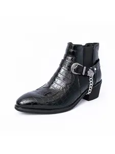 Men Boots PU Solid Color High Heels Pointed Metal Chain Decoration Fashionable Men Boots Classic Buckle Boots
