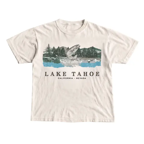 Women's Vintage Lake Tahoe Fish Short-Sleeve Round-Neck T-Shirt, Retro Funny 90s Casual Cotton Crewneck Unisex Top, Animal-Themed Women's Clothes Streetwear Printed Summer
