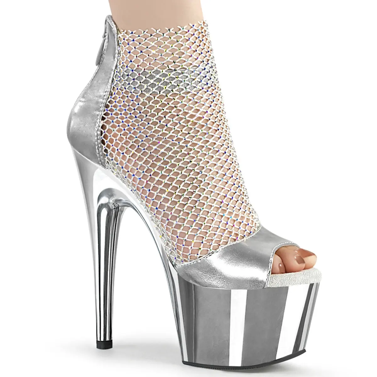 Pleaser Women's Adore-765RM Silver Rhinestone Mesh Evening Shootie Sandals - 7" Platform Heel, Close Back Zip, Elastic Ankle Band, Decor, Glamorous Footwear