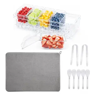 Clear Ice Chilled 5 Compartment Condiment Tray with Independent Separate Lids, Absorbent Pad, Fruit Forks & Serving Clips, Cold Food Storage Container for Taco Bar Fruit Salad Snack Party Garnish Supplies