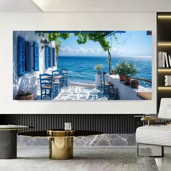 Coastal Ocean View Canvas Wall Art , Santorini Blue Window Seaside Scenery Print, Modern Beach Style Wall Decor for Living Rooms, Bedrooms & Vacation House, Ideal Holiday Gif