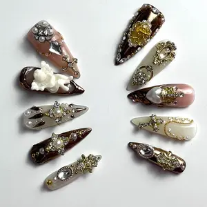 Nailed by Vibe Baroque Angel Press-On Nails, 3D Cherub Charms, Gold Jewels & Pearls, Elegant Nail Art for Birthday & Fall Parties, Handmade Luxury Set