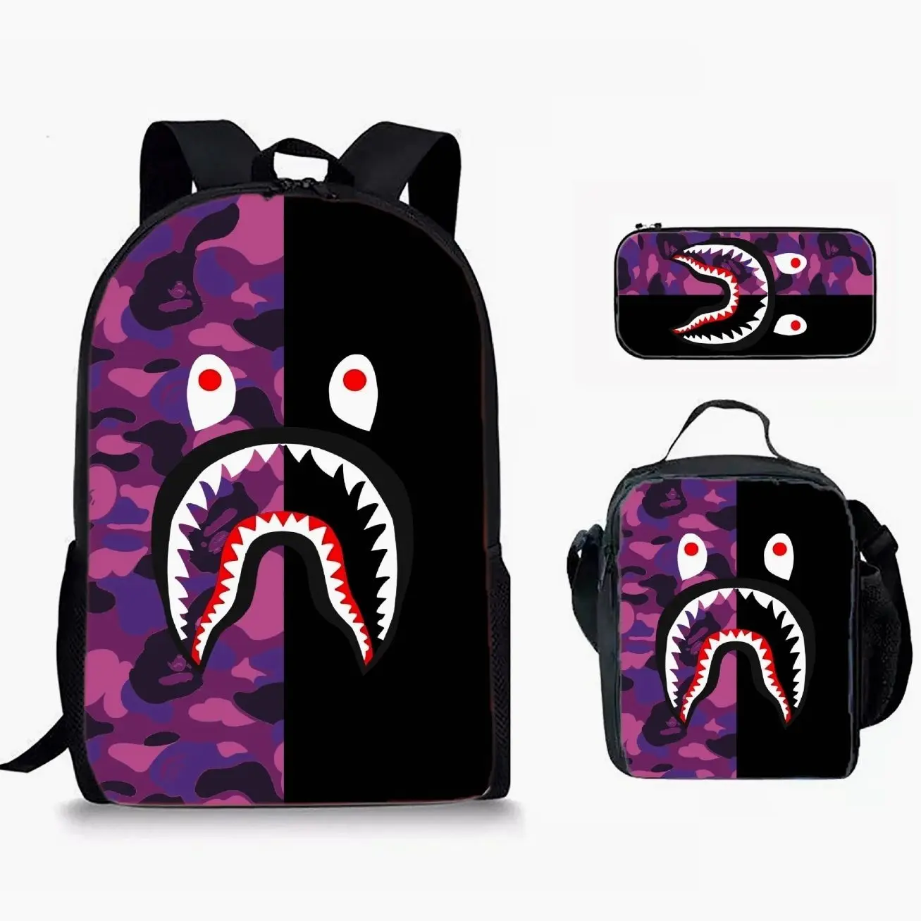 Trending Camo Shark Streetwear Universe School Bag 3-in-1 Combo - Fashionable Large Capacity Lightweight Backpack Lunch Box Pencil Pouch