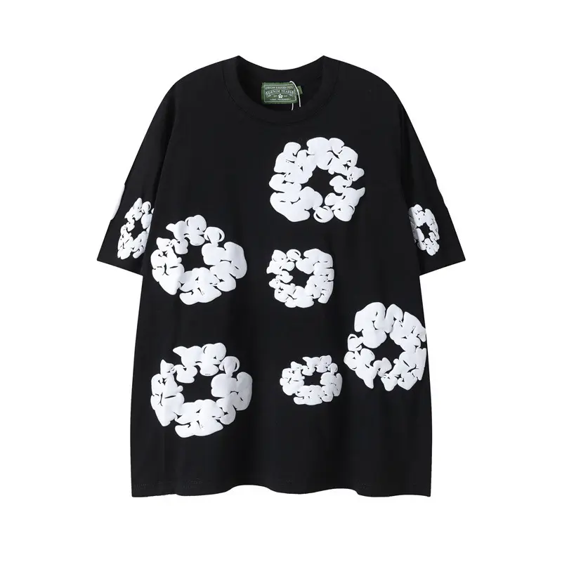 Y2K Streetwear Foam Floral Wreath Graphic T-Shirt, Baggy Black Oversized Short Sleeve Casual Top