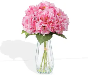 5-Piece Artificial Hydrangea Arrangement in Glass Vase - Fade-Resistant Silk Flowers with Faux Water for Table Centerpieces-Pink