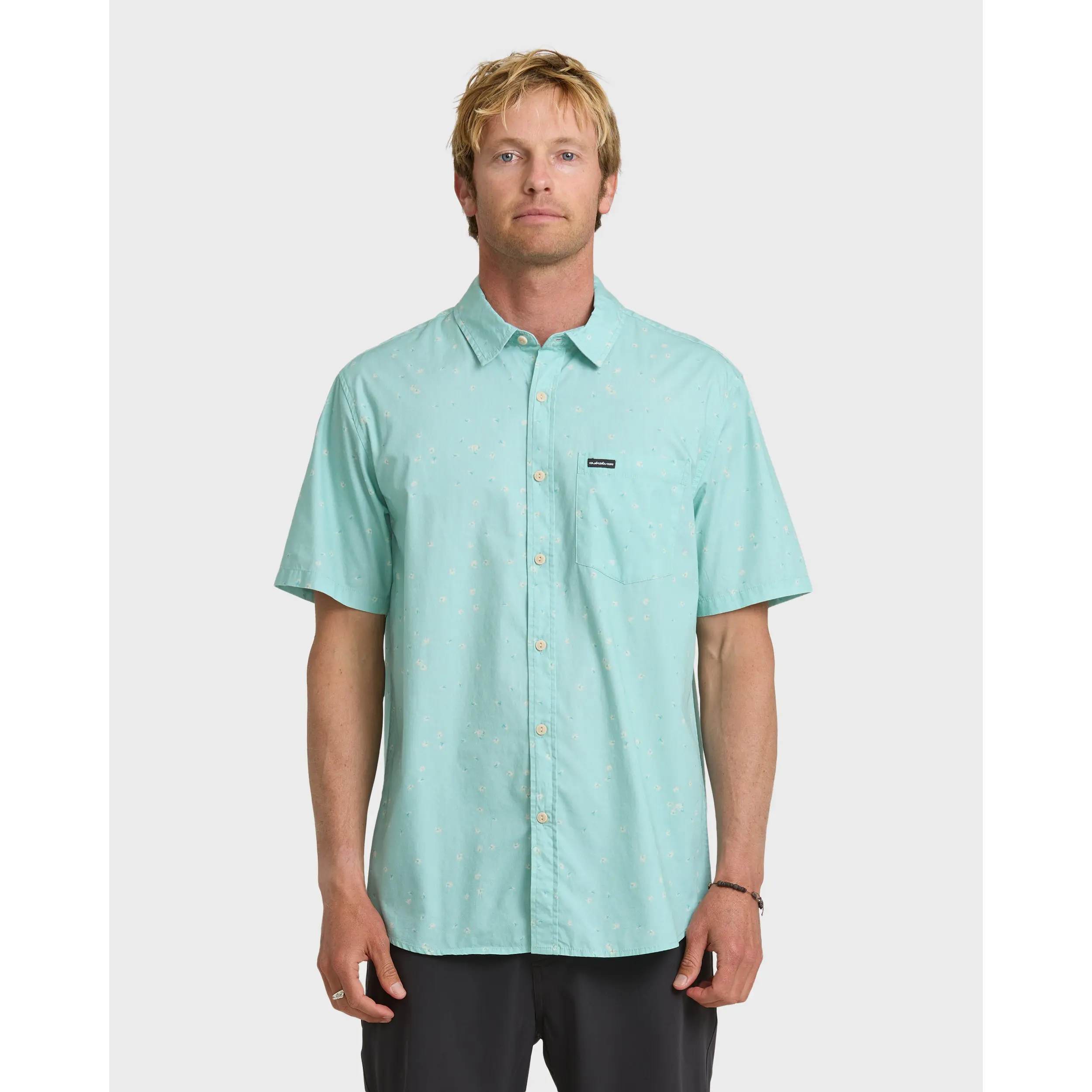 Quiksilver | Ditsy Blossom Classic Short Sleeve Shirt | Men's 100% Cotton Chest Pocket Breathable | Surf & Swim Fabric Tropical Print Hem