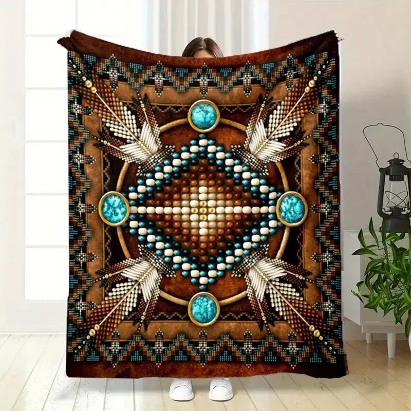 Native American Cultural Art Printed Fabric Large Polyester Blanket - Soft Texture Home & Office Indoor Use Throw for Adults Gifts