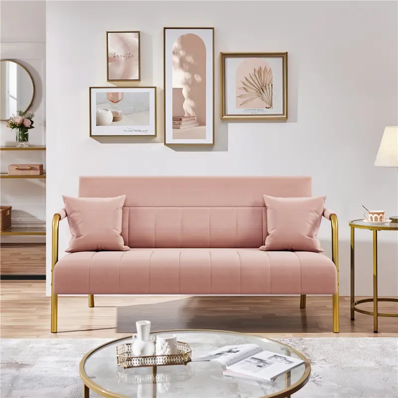 Costoffs Velvet Upholstered Sofa - Iron Metal Frame, Narrow Profile Saves Space, High-Density Foam Deep Cushioned Seat, 2-3 Person, Removable Pillows & Armrest Covers, 600 lb Capacity, Indoor Living Room Furniture