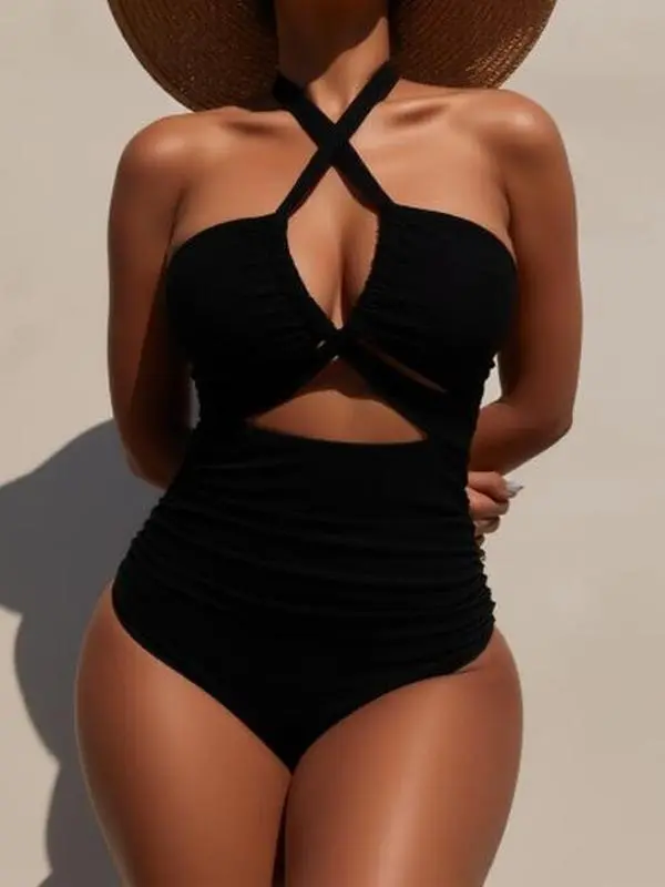 Women's Crisscross Halter Open Back Cutout 1-Piece Swimsuit - Front Cutout, Ruched Tummy Control, 7 Colors, Casual Fitted Beach Days Swimwear, Casual Fitted Swimwear