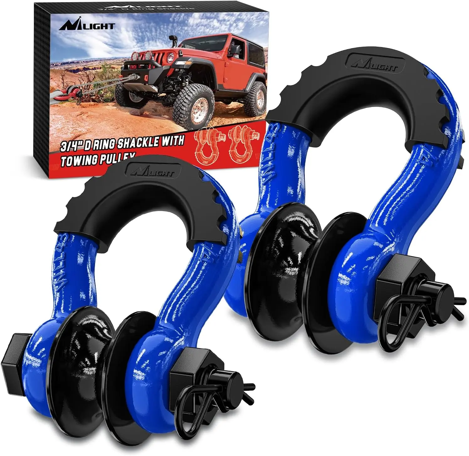 Nilight 2-Pack Heavy-Duty 3/4" D-Ring Shackles Kit with Towing Pulley, 4.75-Tonne (9500 Lbs) 7/8" Pin, Isolators, Washers, Winch Strap Hook for Off-Road Vehicle Recovery, Synthetic Winch Rope