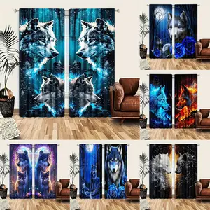 Wolf-themed semi-transparent curtain set (2-piece), with rod pocket, modern style, 100% polyester, machine washable, suitable for bedroom, living room, and office
