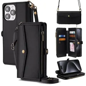 for iphone 17 pro max cases 16 16Plus 15 14 13 12 Pro Max Air Crossbody Wallet Phone Case, PU Leather Flip Purse Case with 5 Card Slots, Zipper Pocket, Adjustable Shoulder & Wrist Strap, Kickstand, Magnetic Closure, Multi-Functional Protective Phone Cover