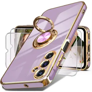 SQ-PCS019 for Samsung Galaxy A16 5G Case, Screen Protector, 360° Rotatable Ring Holder Magnetic Kickstand,Plated Gold Edge Slim Soft TPU Protective Phone Cover for Galaxy A16 5G (Purple)