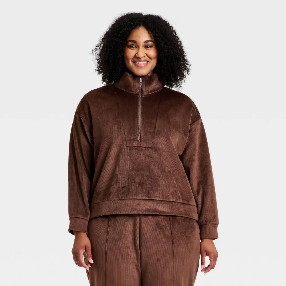 Women's Velour Ribbed 1/2 Zip Pullover Tops - Polyester-Spandex Fabric, Professional Sports & Outdoor Clothing - All In Motion, Garment