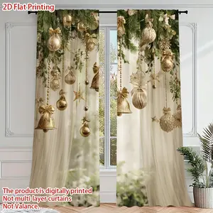 2-Piece Set, Festive Christmas Curtains, Interior decoration accessories - gold and green festive decor with ornaments, easy to install rod bag design, translucent, suitable for home decor, Christmas decorations, Merry Christmas themed curtains