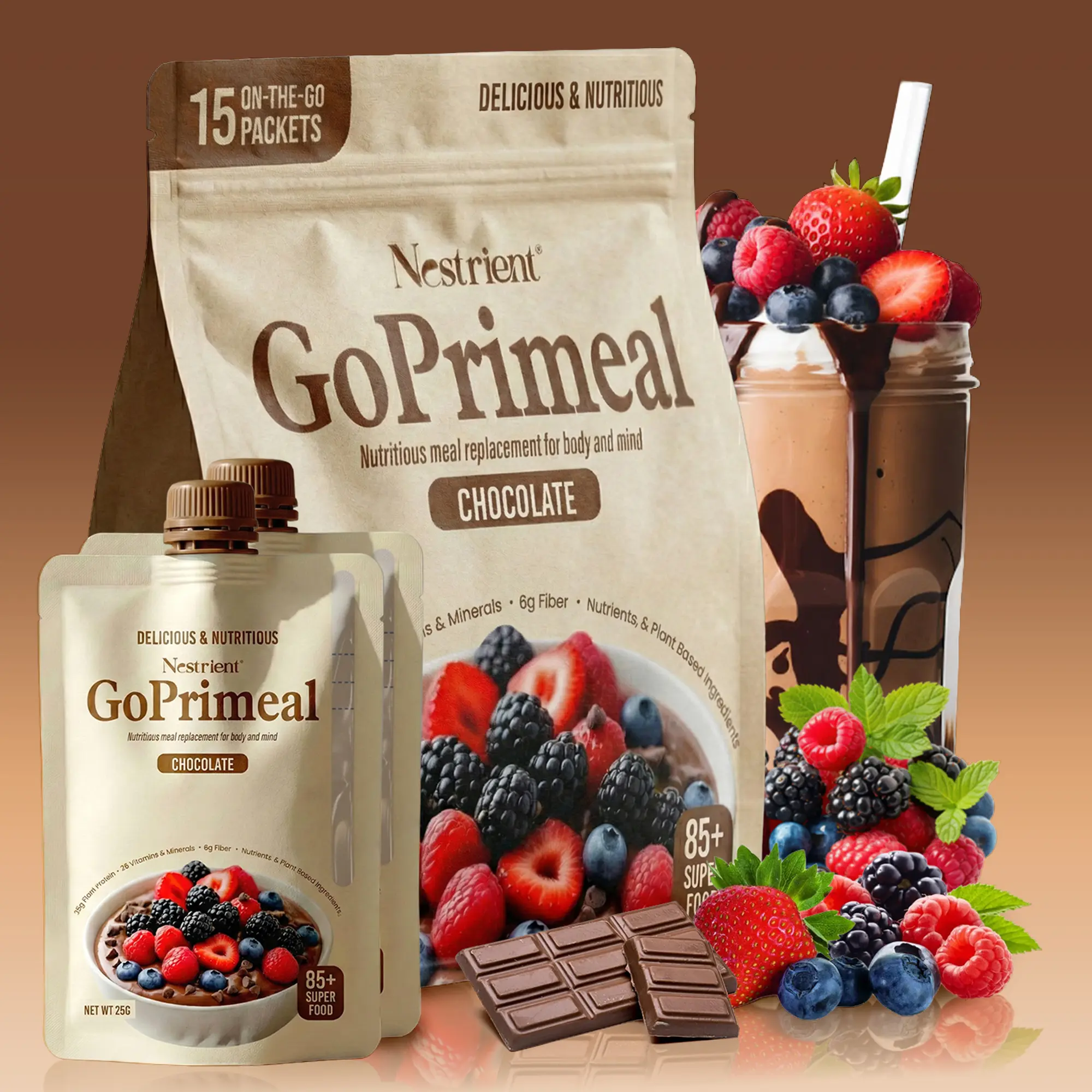 Nestrient GoPrimeal Plant-Based Protein Drink Mix - Chocolate & Vanilla Flavors, 25g Protein, 15 Sachets
