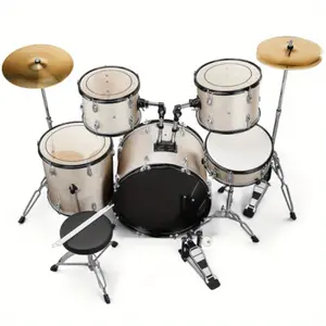 Adult 5-Piece 22in Poplar Wood Complete Drum Kit - Black Set with Bass, 2 Toms, Snare, Floor Tom, 16" Ride Cymbal, 14" Hi-Hat Cymbals, Height-Adjustable Chair, Pedal, Silvery Sticks, Adult Set
