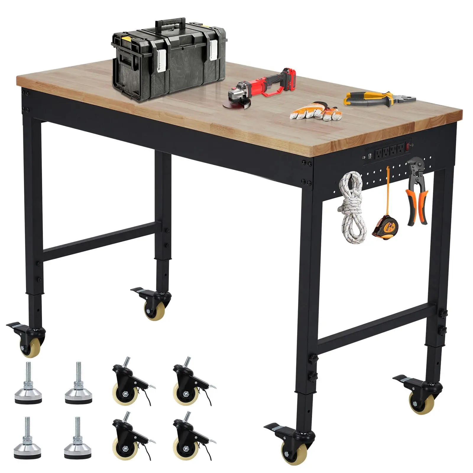 Gaomon Height Adjustable Heavy-Duty Metal Workbench - 60 in x22 in x1.2 in Steel-Leg Table with Rubberwood Top, Pre-Drilled Outlet, Wheels, Ample Storage, 6-Level Adjustability, 2000LBS Capacity, Assembly Required for Garage, Gardening, Auto Repair, Power