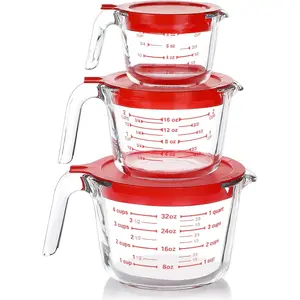 6 Pcs Glass Measuring Cups with Lids Set, 1-Cup, 2-Cup, 4-Cup Measuring Jugs with Handle, Nesting Liquid Measuring Cups for Kitchen