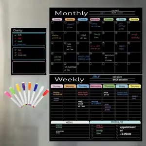 GUOBOARD Dry Erase Boards Black Set - 3 Magnetic Boards for Refrigerator, Monthly, Weekly Organizer & Daily Notepad, Wall & Fridge Family Boards Include 8 marker