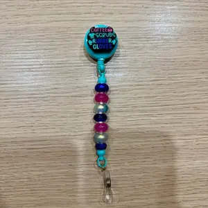Badge Reel - Colorful Beaded Necklace with Pink and Black Beads, Includes Decorative Bead & Clasp, Clip & Retractable String with Card Holder