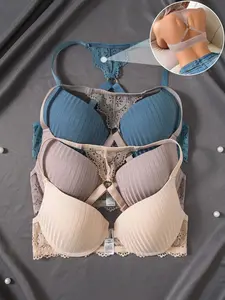 3pcs Front Closure Lace Patchwork Bras for Women Underwire Push-Up Anti-Sagging Sexy Back Design Basic Elegance Minimalist Style