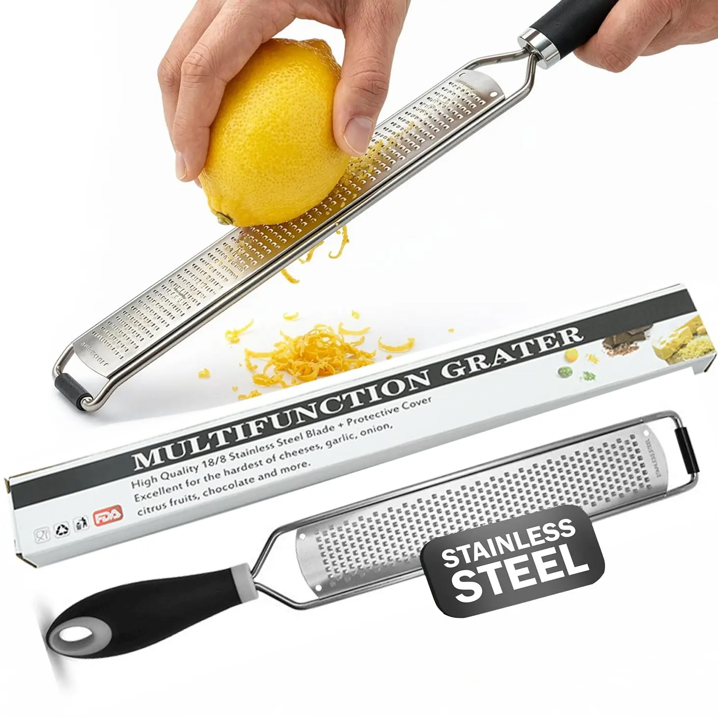 Stainless Steel Lemon Zester Grater with Handle - Garlic, Cheese, Parmesan, Nutmeg, Lime, Ginger Grater - Heavy Duty Sturdy Kitchen Utensils - Citrus Zester with Blade Cover - Fine Shred - Black - Kitchen Gadgets