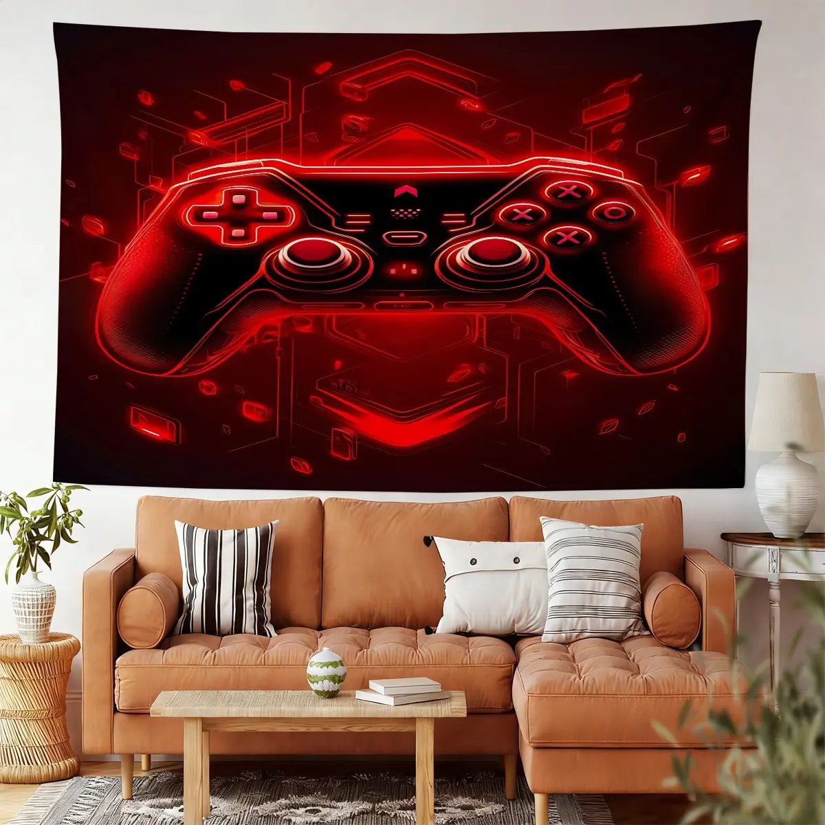 Red Neon Game Controller Tapestry, Soft Photo Backdrop, Ideal for Gamer Bedroom Decor, Living Room Game Zone, Teen Dorm Room, Apartment, E‑Sports Party, Boys Room Gaming Aesthetic Decor