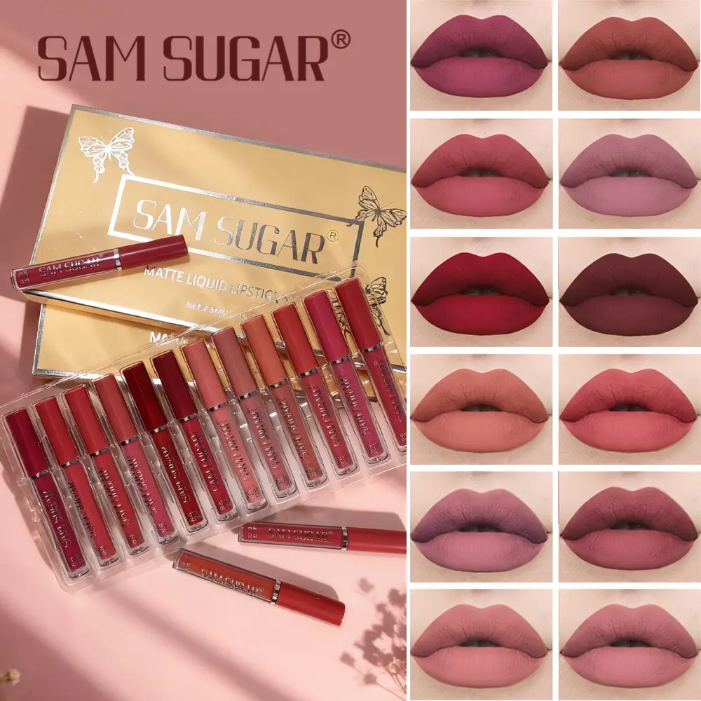 Sam Sugar 12-Piece Lip Gloss Set, Matte Liquid Lipstick, Matte Finish, Long-Lasting Waterproof Formula, Non-Stick Cup Design, Beeswax, Perfect for Daily Makeup, Lip Products Makeup