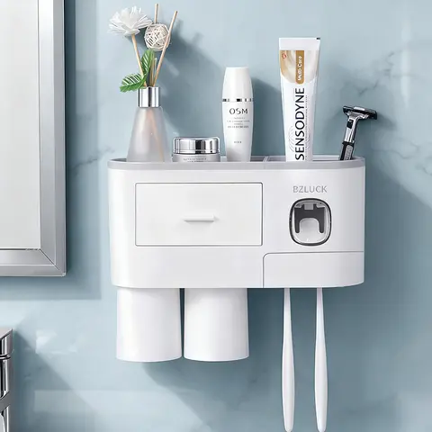 Wall Mounted Toothbrush Holder with Traditional Automatic Toothpaste Dispenser, 6 Brush Slots, 2 Magnetic Cups, 1 Cosmetic Drawer Organizer, 2-Layer 1 Large Storage Tray - Multi-Compartment Bathroom Home Organizing Accessory