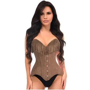 Top Drawer Tan Suede Steel Boned Overbust Corset w/Fringe