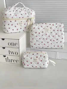 3pcs  Quilted Makeup Bag, Small, Fresh, Portable, Handheld Cosmetic Pouch, Toilet Bag, Zipper Closure, Fashionable, Versatile, Sweet, Trendy, Suitable for Commuting, Business Travel, Women's Makeup Bag