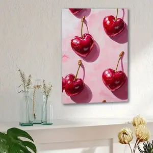 [2D Flat]1pc Heart-Shaped Cherry High-Definition Canvas Decorative Painting 11.8* 15.7inch (30* 40cm ) with Wooden Frame - Sweet Red Cherry Print Wall Art, Modern Home Decor, Can Be Directly Hung in Living Room, Bedroom